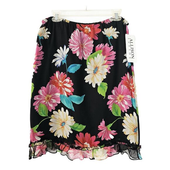 Allison Taylor Y2K 90's Vintage Large Silk Black Floral Print Ruffled Hem Skirt - Picture 1 of 4